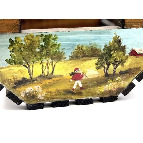 Vintage Wooden Slat Basket w/ Handles Hand Painted Outdoor Farm Scene Dark Wood - Picture 9 of 10